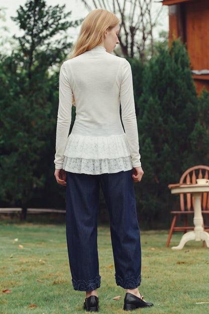 Van Gogh 3D Floral Appliqué Lace Hem Knitwear