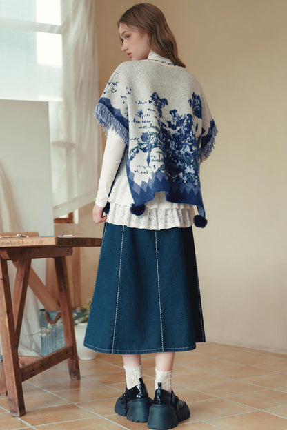 Van Gogh Art Jacquard Fringe Pom-Pom Hem Sweater