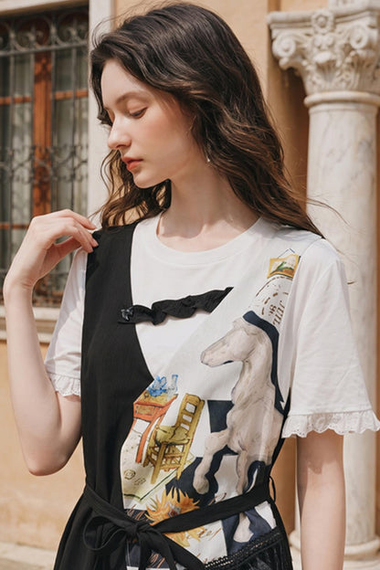 Van Gogh Inspired Patchwork Fake Two-Piece Dress