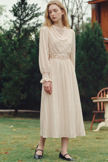 Van Gogh Letter Stripe Print Embroidered High-Waisted Dress