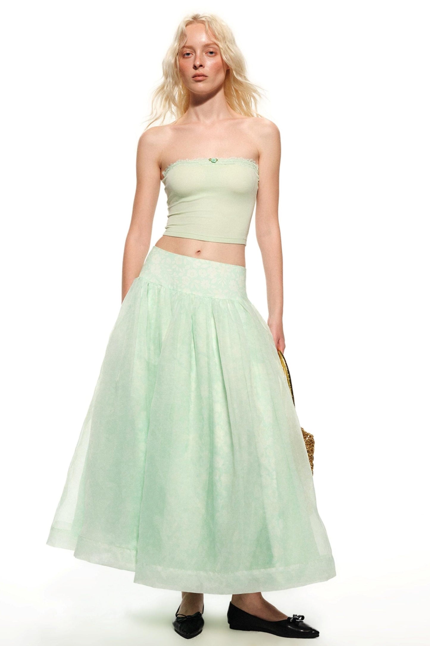 Mint Green Vacation Organza Skirt & Wide-Leg Pants Set