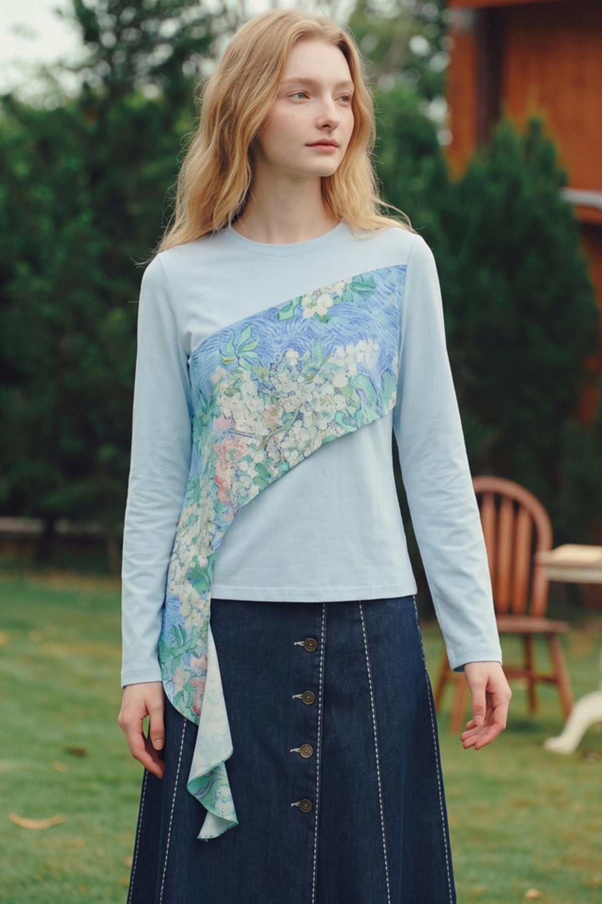 Van Gogh Blossom Print Asymmetrical Patchwork Long-Sleeve T-Shirt