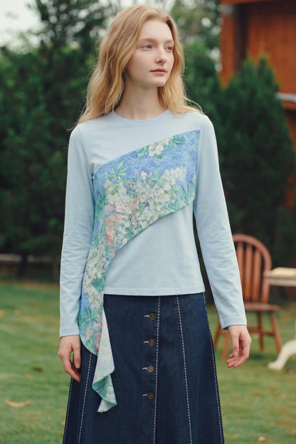 Van Gogh Blossom Print Asymmetrical Patchwork Long-Sleeve T-Shirt