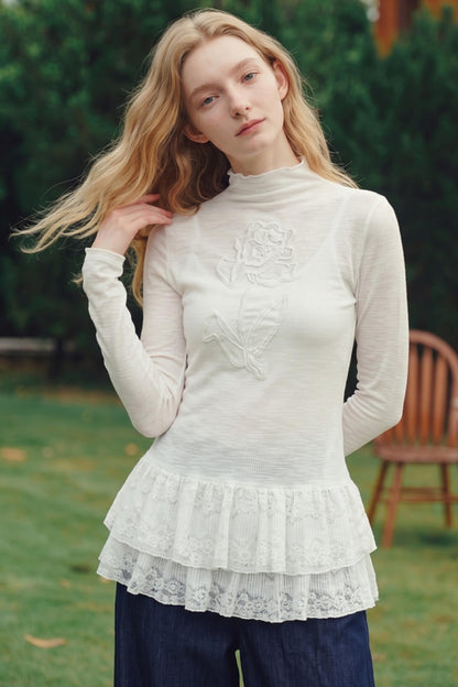 Van Gogh 3D Floral Appliqué Lace Hem Knitwear