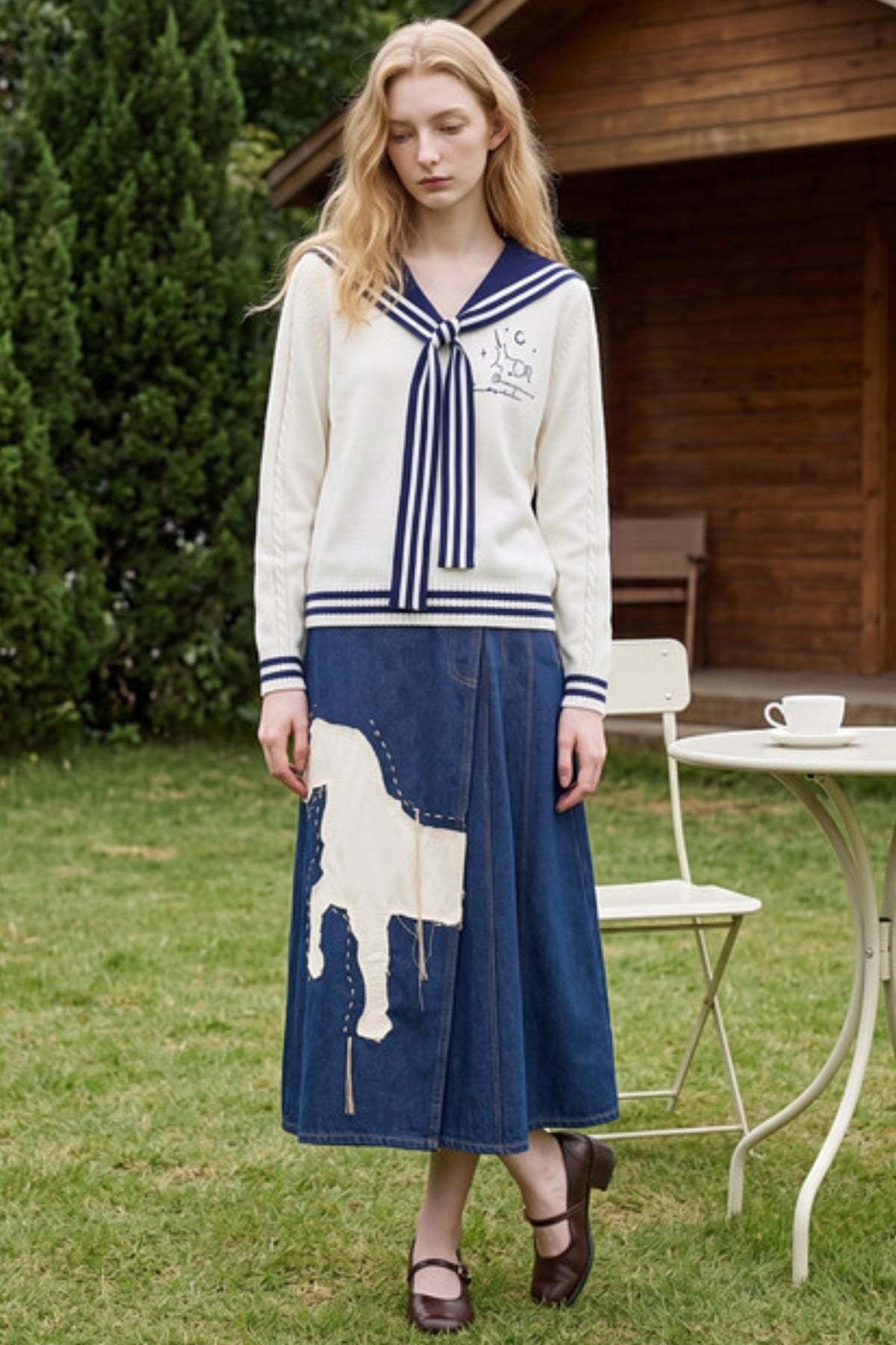 Striped Navy Collar Embroidered Knit Sweater