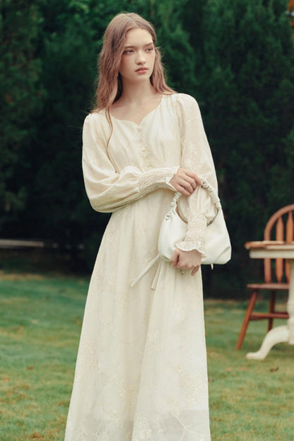 Palace Style Embroidered Lantern Sleeve Midi Dress