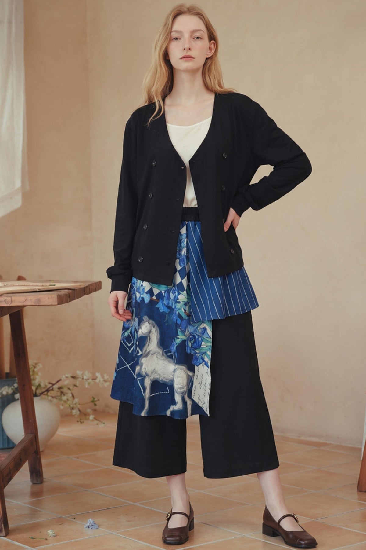Double-Breasted V-Neck Loose Top