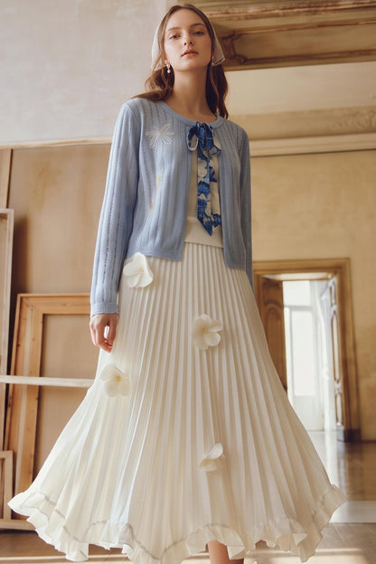 3D Floral Pleated Ruffle Maxi Skirt