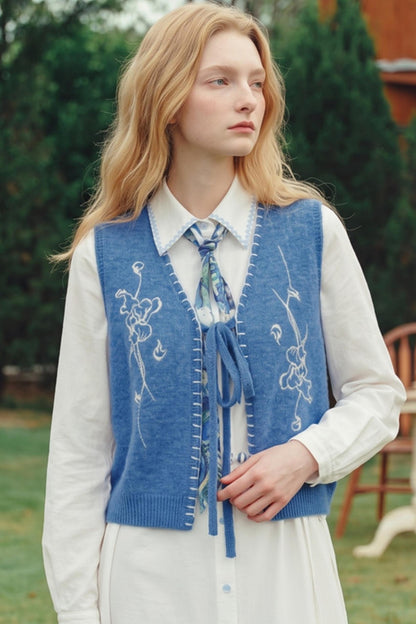 Van Gogh Art Embroidered Tie-Front Knit Vest