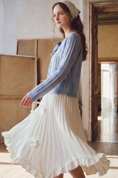 3D Floral Pleated Ruffle Maxi Skirt