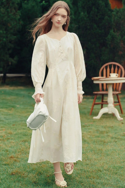 Palace Style Embroidered Lantern Sleeve Midi Dress