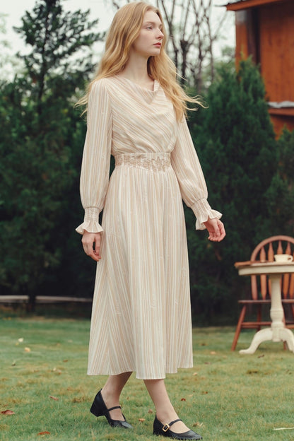 Van Gogh Letter Stripe Print Embroidered High-Waisted Dress