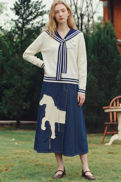 Striped Navy Collar Embroidered Knit Sweater
