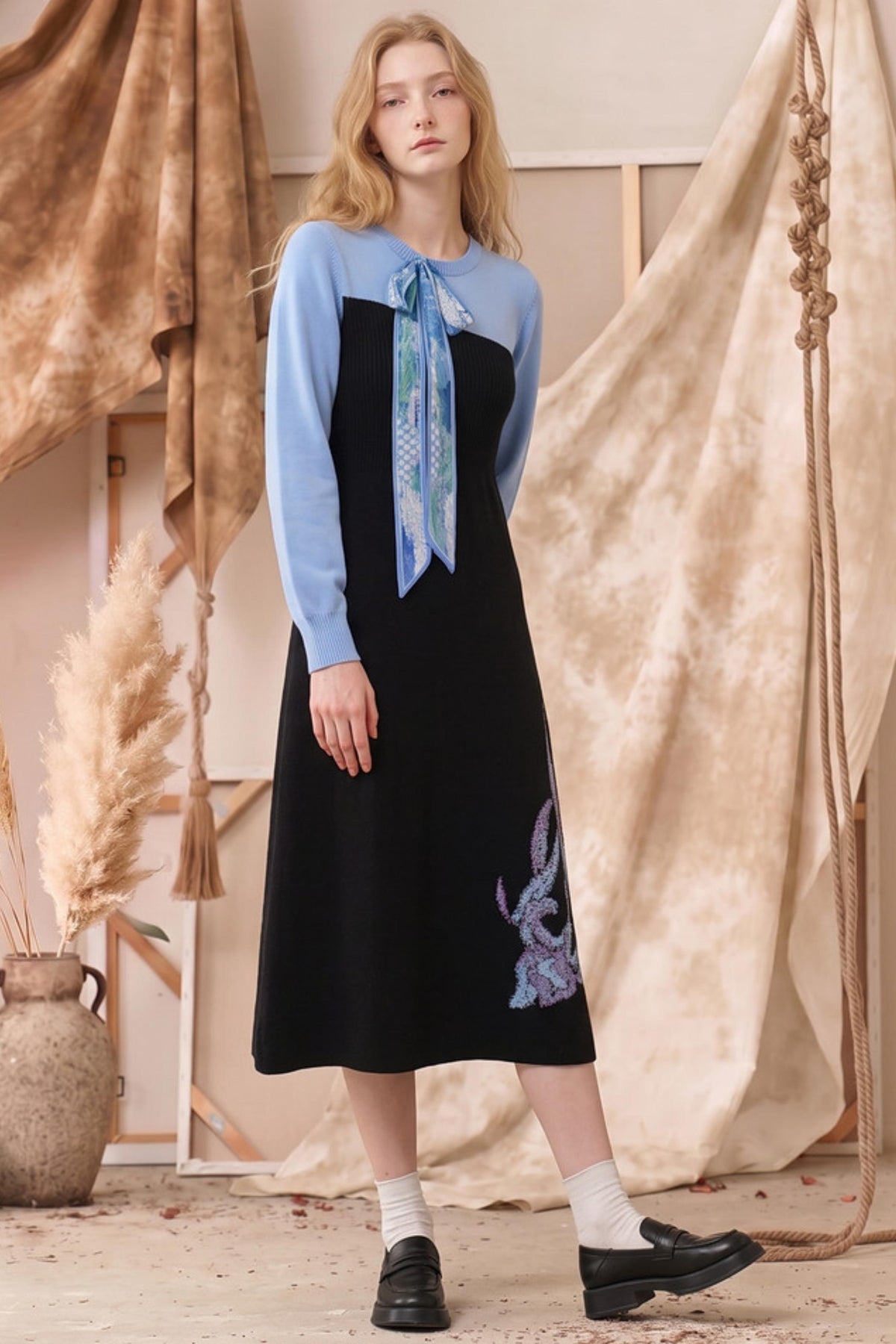 Monet Series Color-Block Towel Embroidery Dress