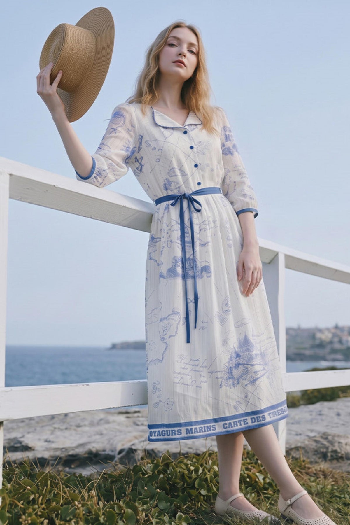 Vintage Printed Chiffon Tie-Strap Long Dress