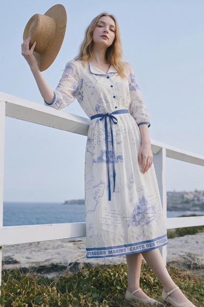 Vintage Printed Chiffon Tie-Strap Long Dress