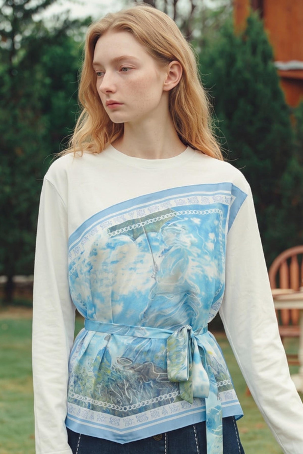 Art Print Patchwork Asymmetrical Tie T-Shirt