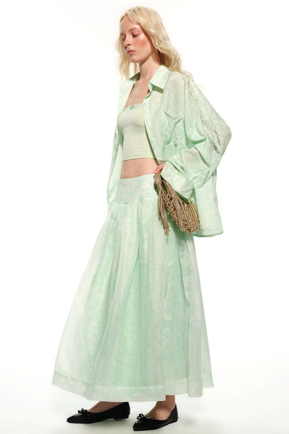 Mint Green Vacation Organza Skirt & Wide-Leg Pants Set