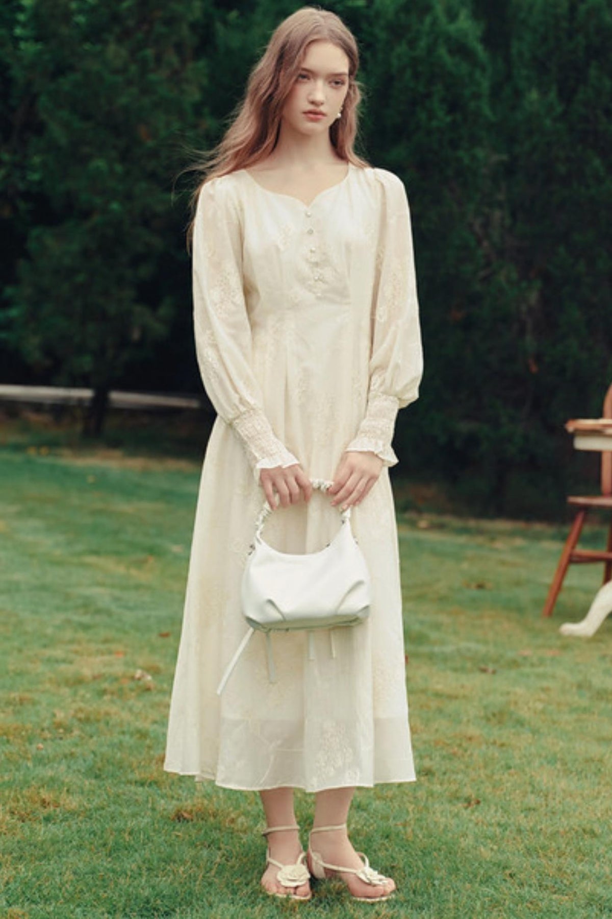 Palace Style Embroidered Lantern Sleeve Midi Dress