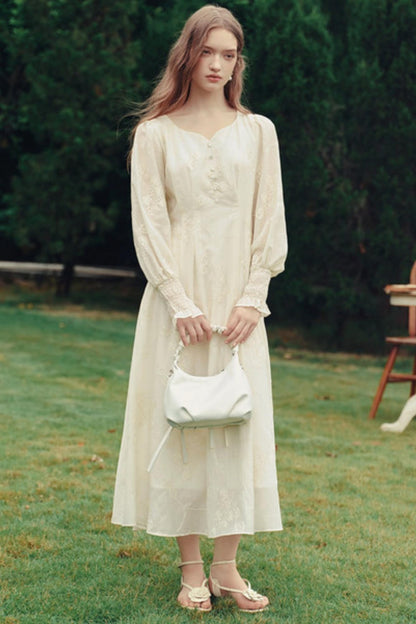 Palace Style Embroidered Lantern Sleeve Midi Dress