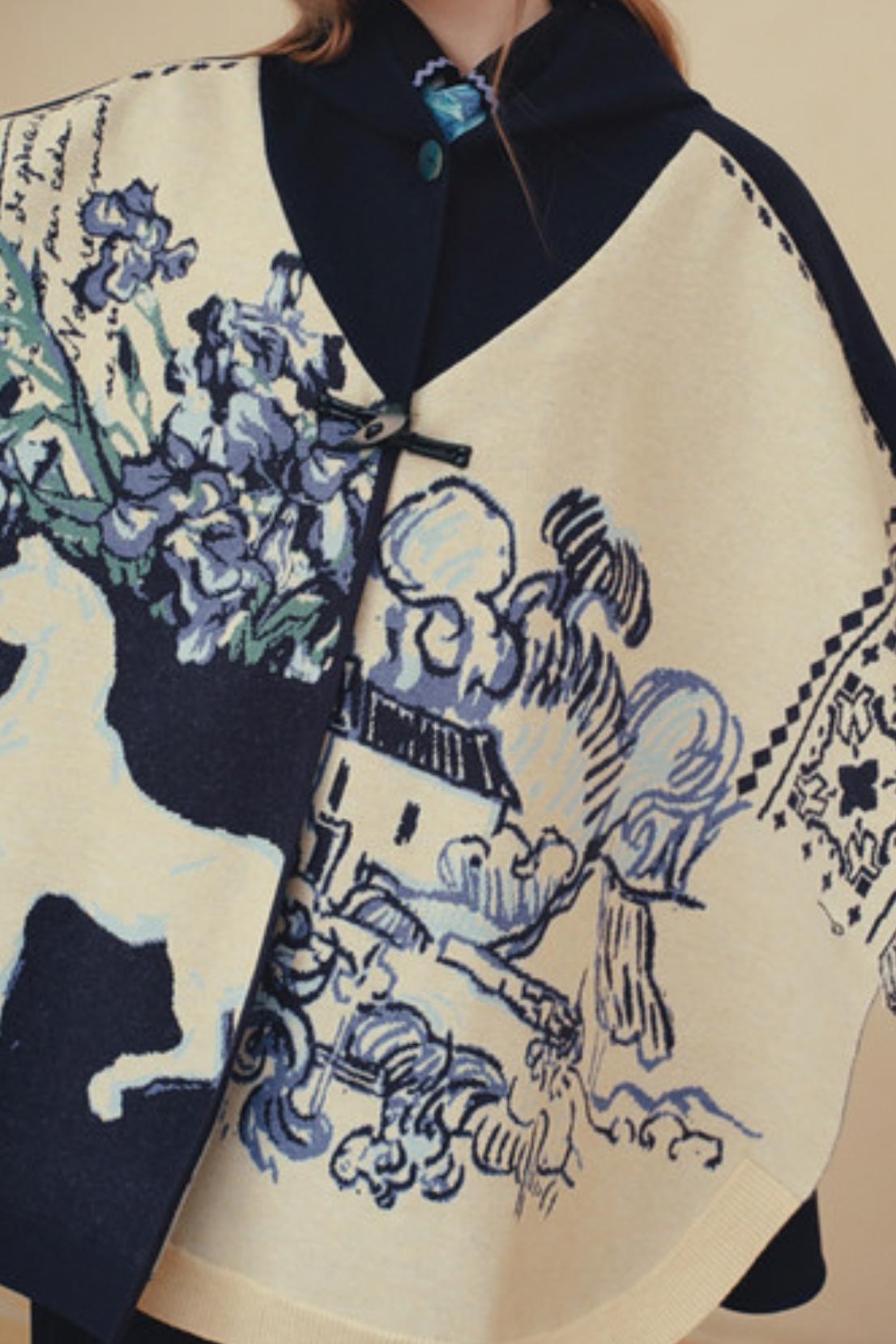 Van Gogh Art Reversible Jacquard Hooded Cape Coat
