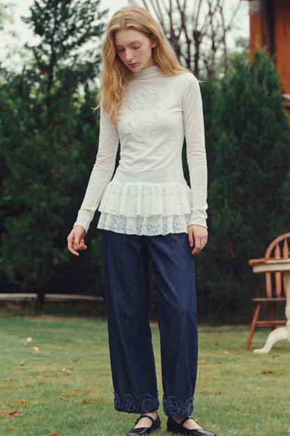 Van Gogh 3D Floral Appliqué Lace Hem Knitwear