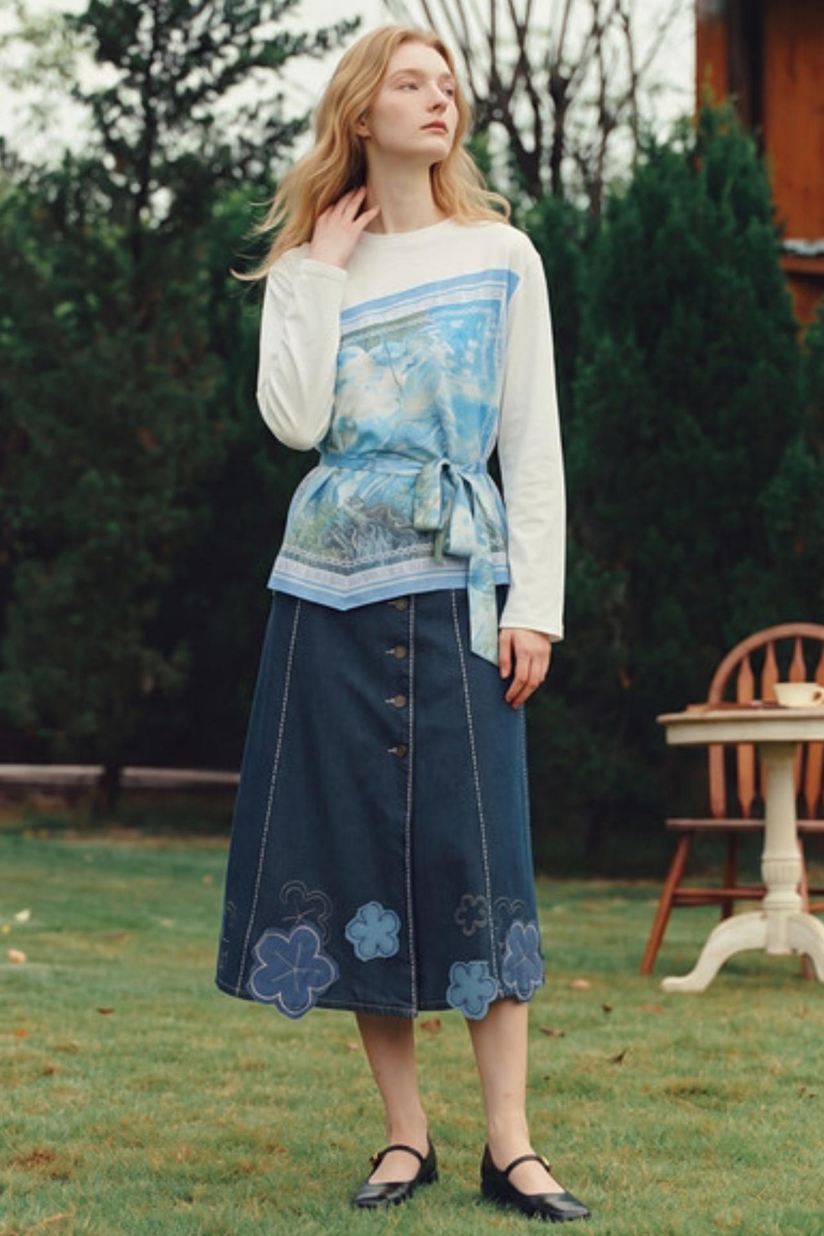 Art Print Patchwork Asymmetrical Tie T-Shirt