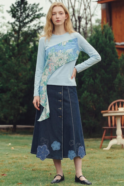 Van Gogh Blossom Print Asymmetrical Patchwork Long-Sleeve T-Shirt