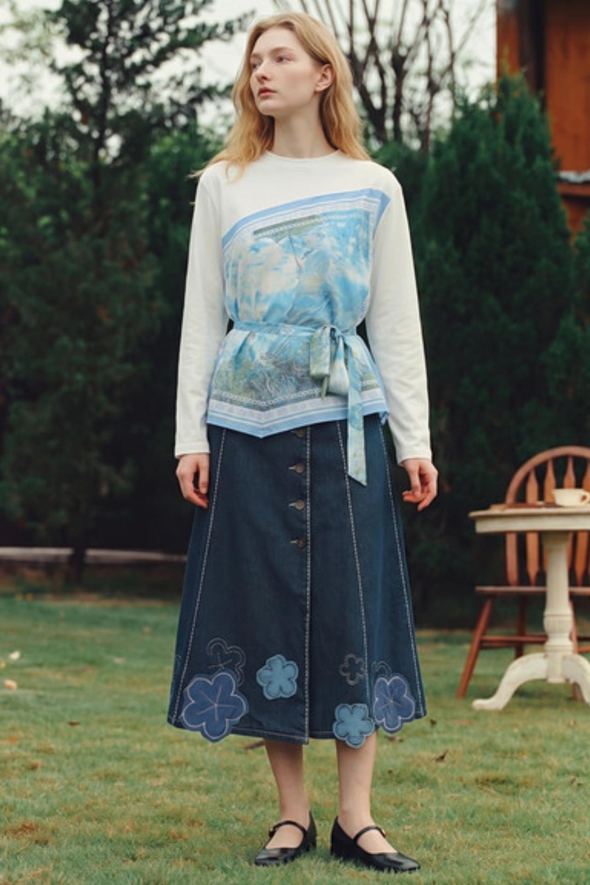 Art Print Patchwork Asymmetrical Tie T-Shirt
