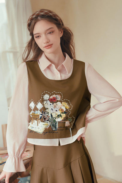 Art-Inspired Fake Two-Piece Top & Midi Skirt Set