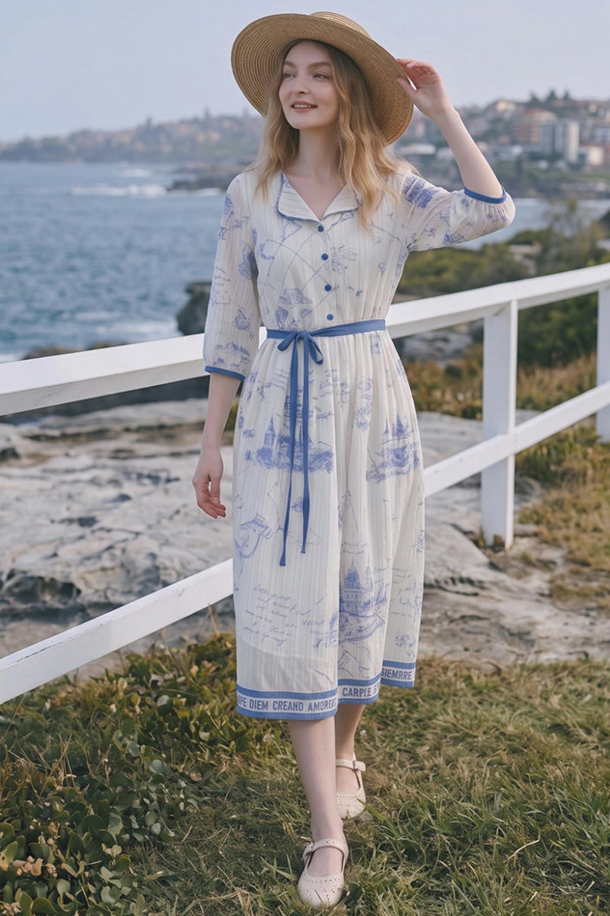 Vintage Printed Chiffon Tie-Strap Long Dress