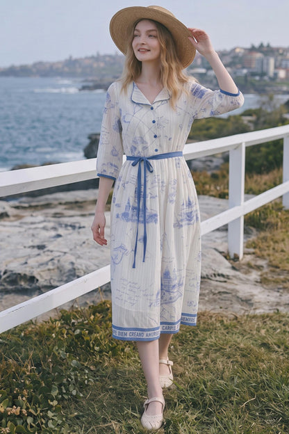 Vintage Printed Chiffon Tie-Strap Long Dress