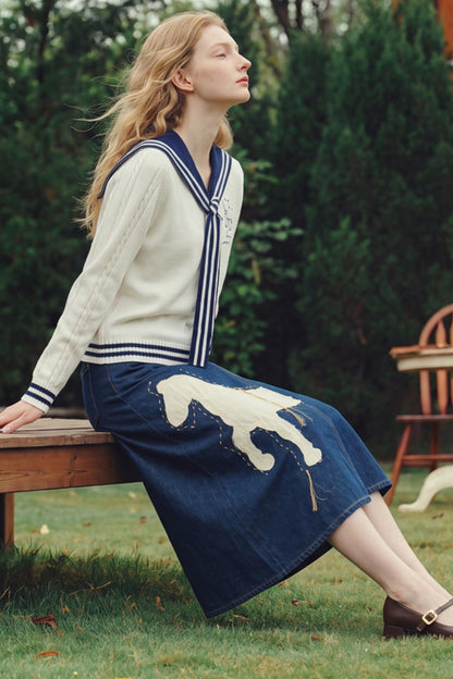 Striped Navy Collar Embroidered Knit Sweater