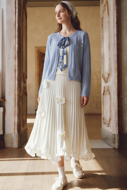 3D Floral Pleated Ruffle Maxi Skirt