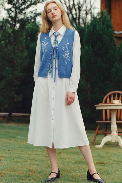 Van Gogh Art Embroidered Tie-Front Knit Vest