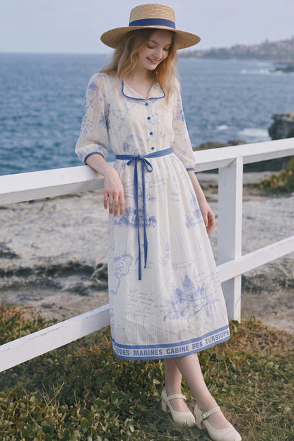Vintage Printed Chiffon Tie-Strap Long Dress