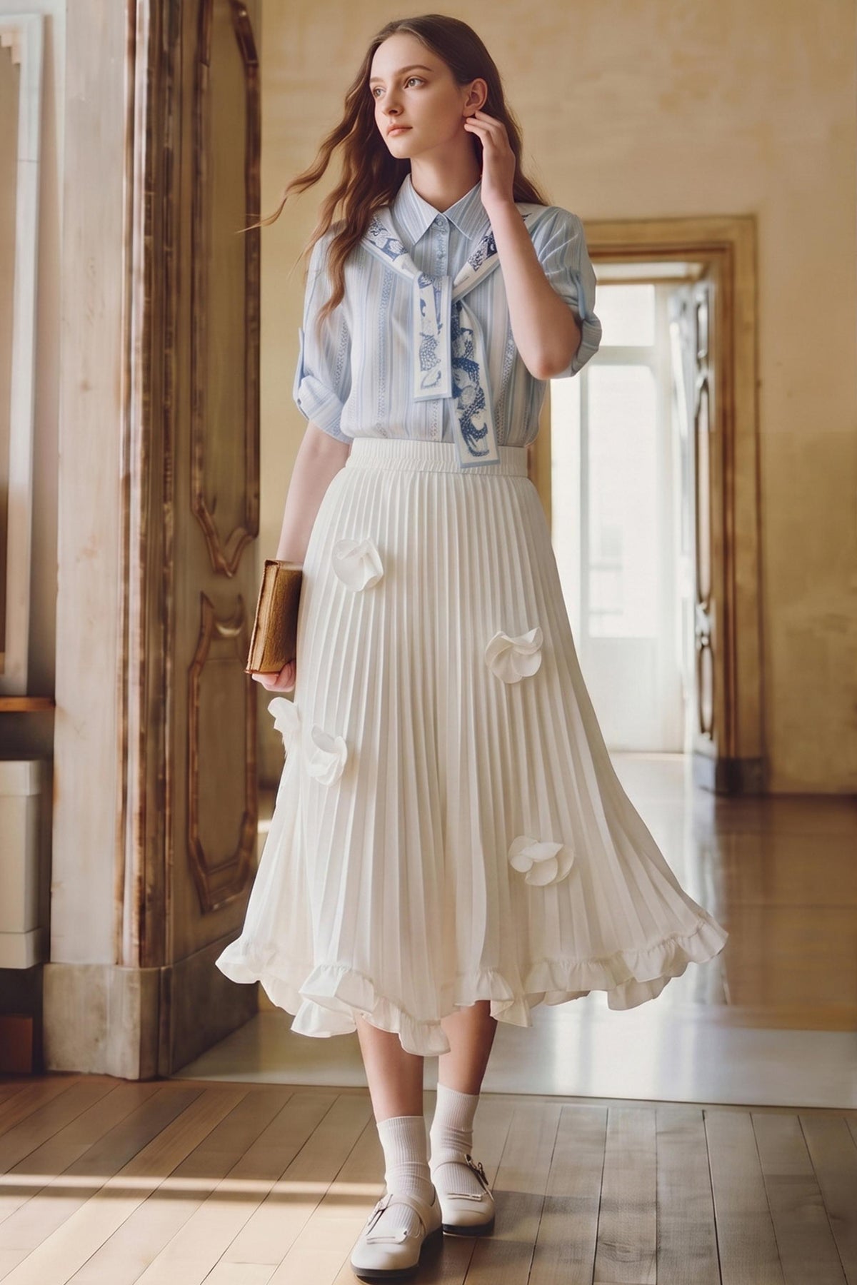 3D Floral Pleated Ruffle Maxi Skirt