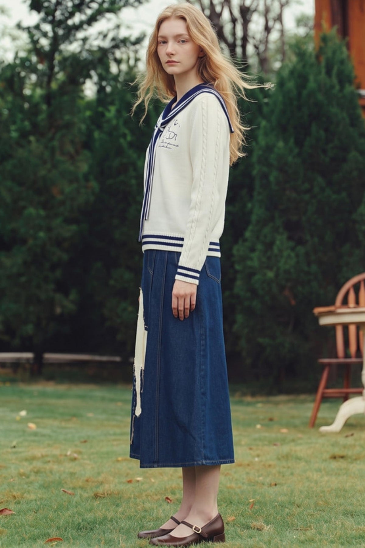 Striped Navy Collar Embroidered Knit Sweater
