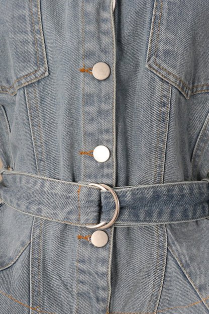 American Street Style Early Autumn Lapel Long-Sleeve Peplum Denim Jacket