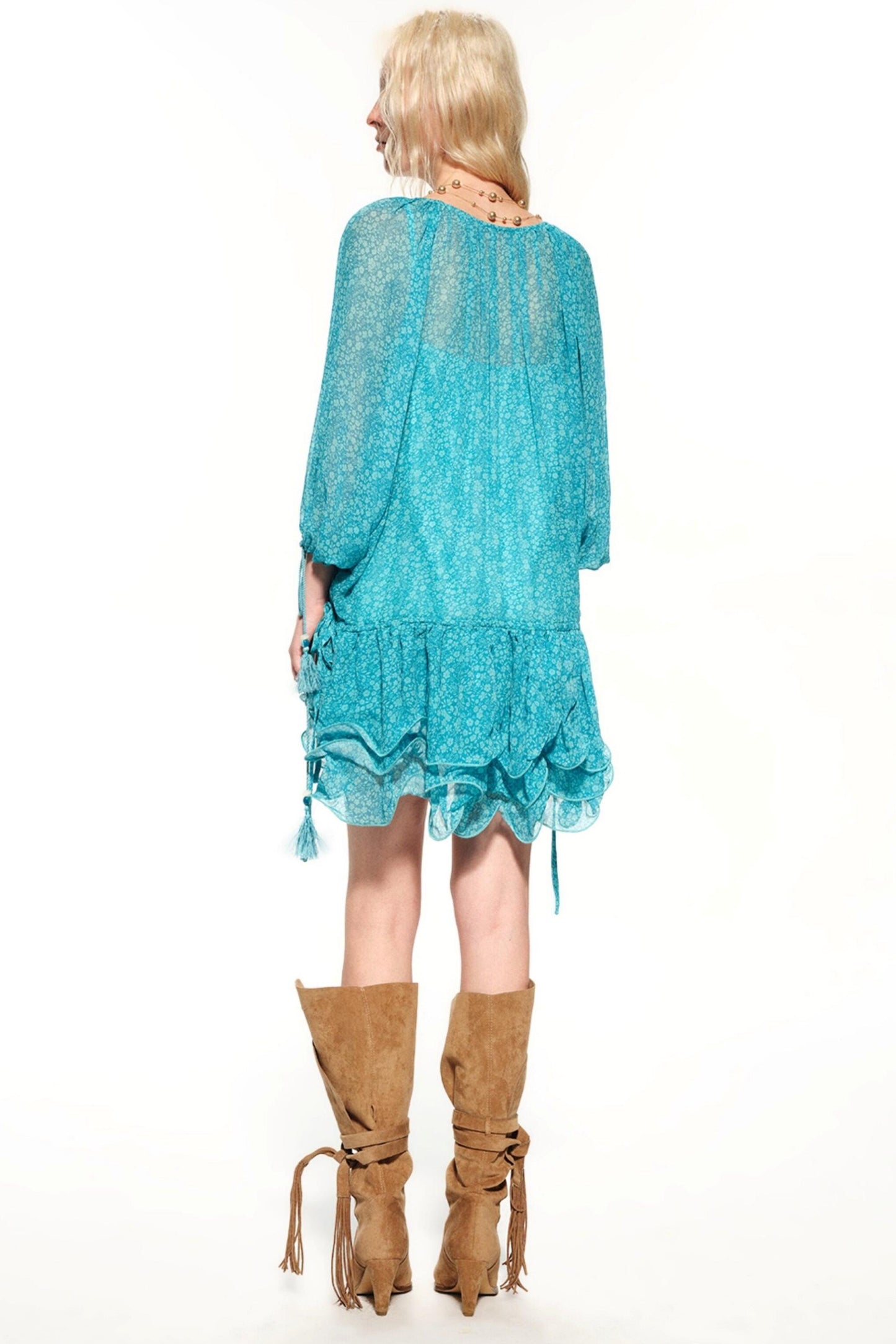 Vintage Peacock Blue Batwing Sleeve Silk Dress & Slip Set