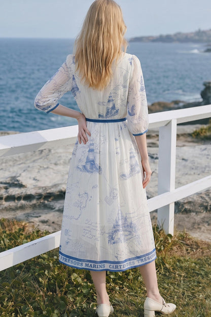 Vintage Printed Chiffon Tie-Strap Long Dress