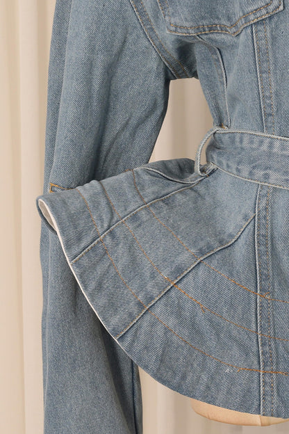 American Street Style Early Autumn Lapel Long-Sleeve Peplum Denim Jacket