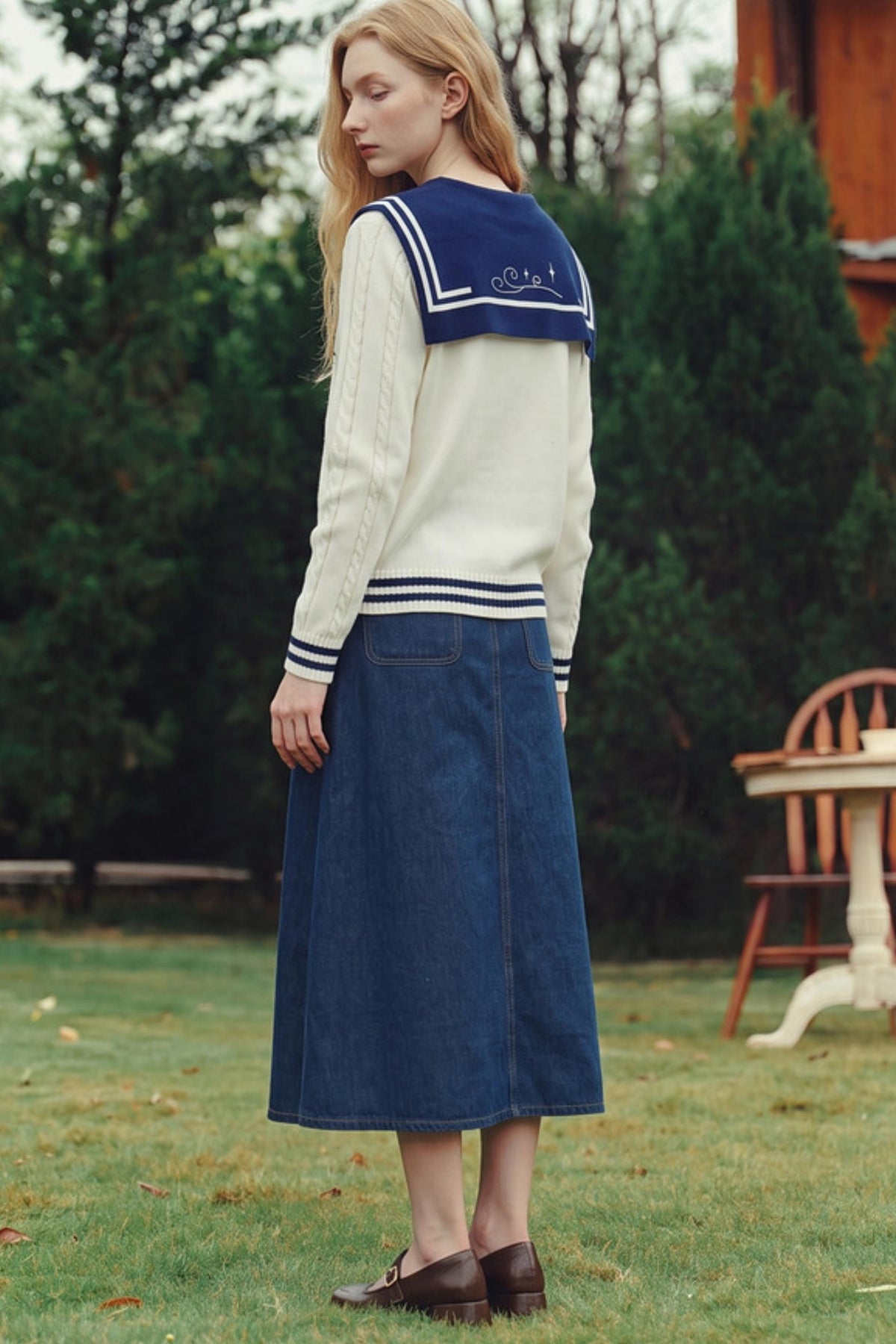 Striped Navy Collar Embroidered Knit Sweater