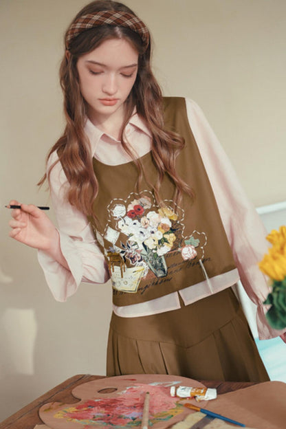 Art-Inspired Fake Two-Piece Top & Midi Skirt Set