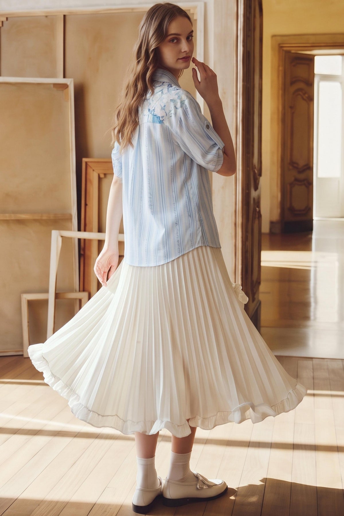 3D Floral Pleated Ruffle Maxi Skirt