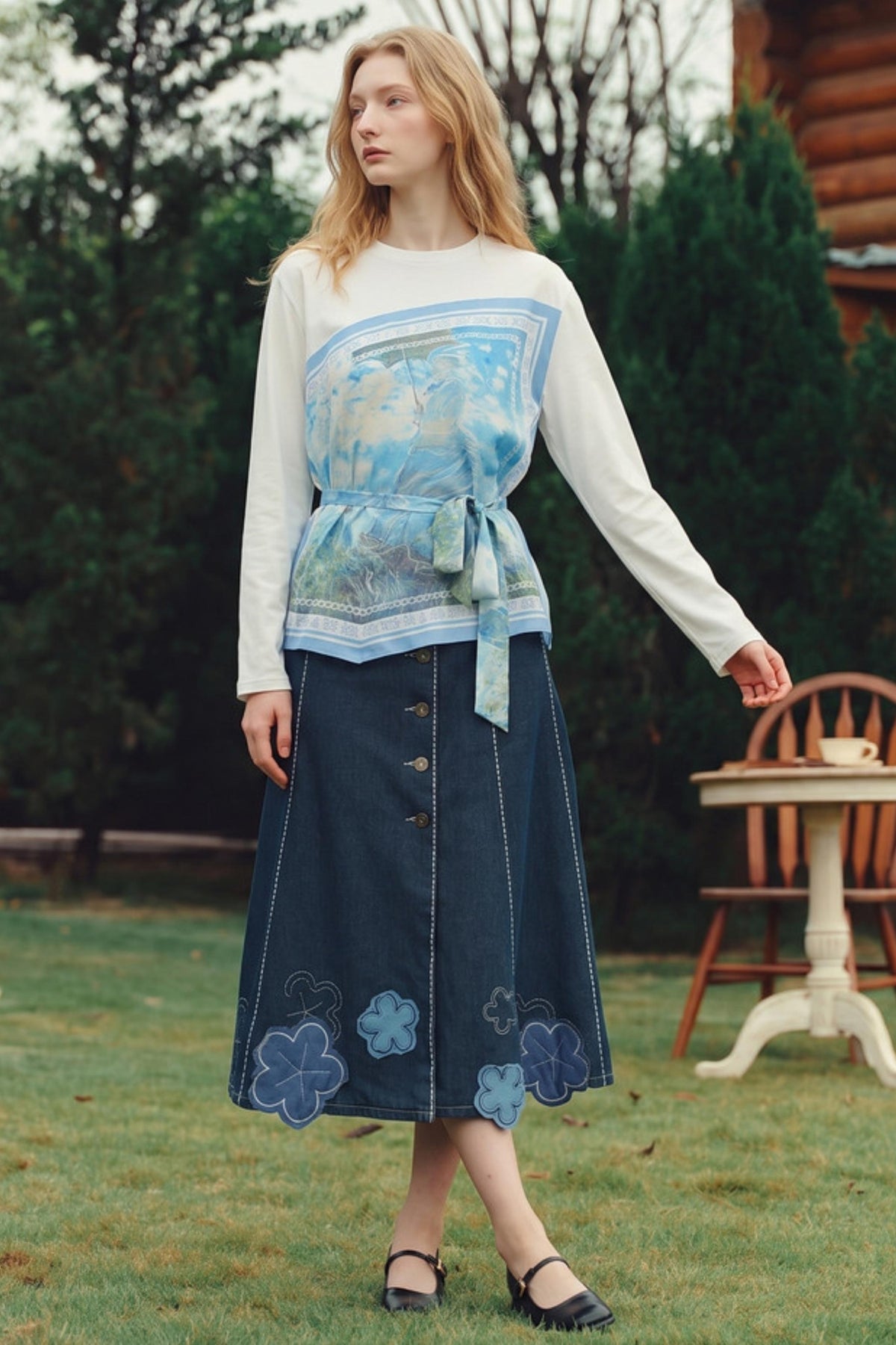 Art Print Patchwork Asymmetrical Tie T-Shirt