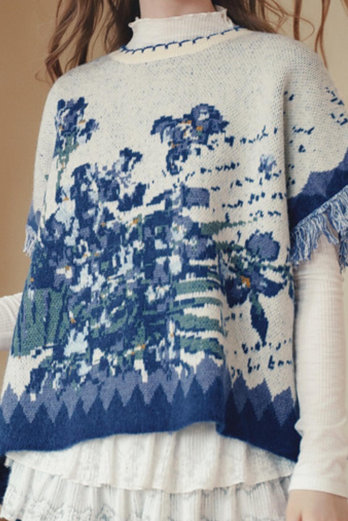 Van Gogh Art Jacquard Fringe Pom-Pom Hem Sweater