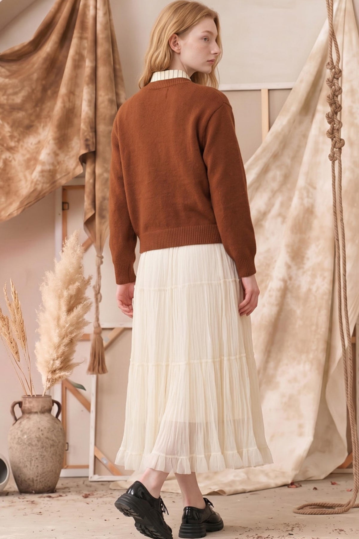 Evening Mountain Phrases Printed Cross-Tie Knit Cardigan