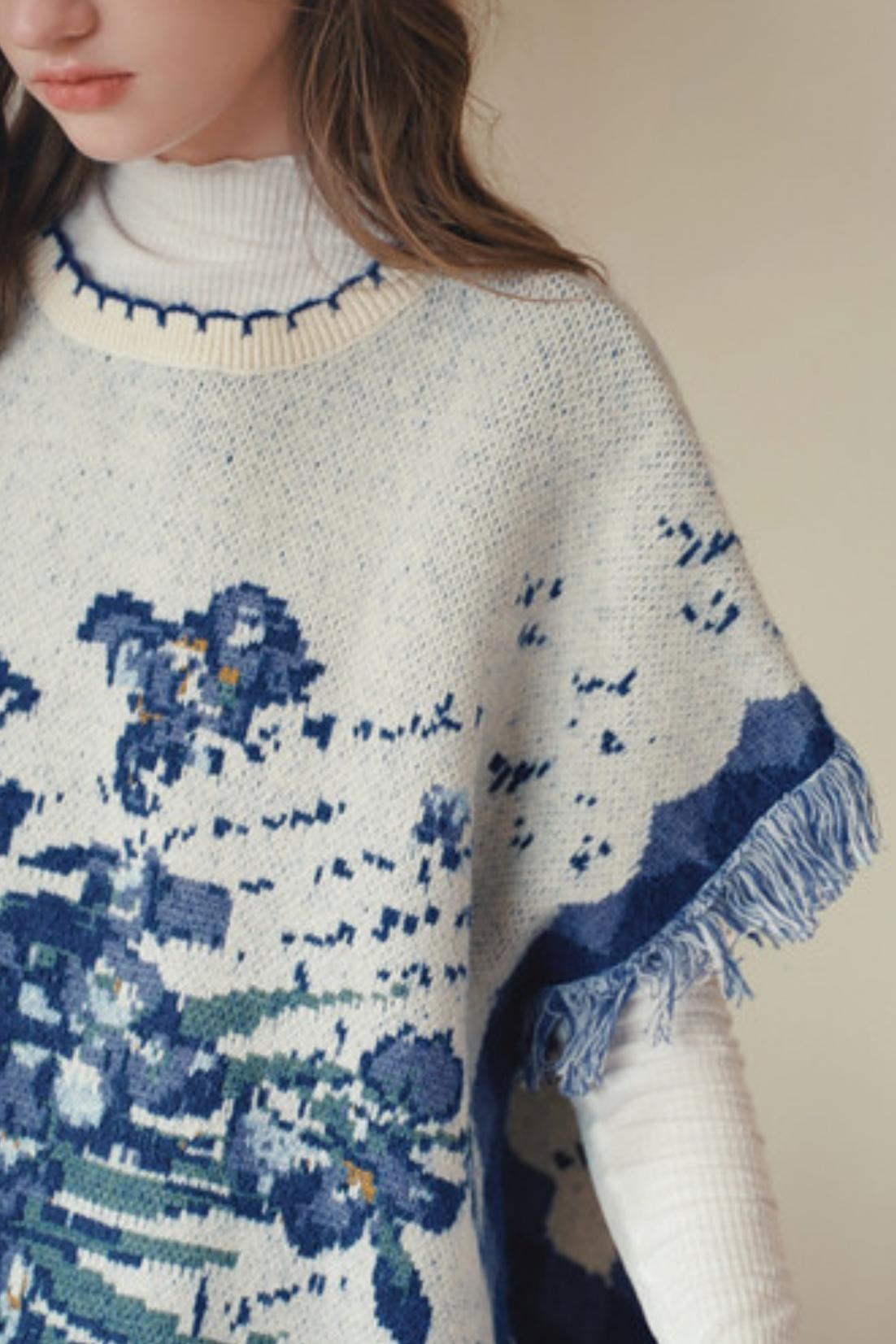 Van Gogh Art Jacquard Fringe Pom-Pom Hem Sweater