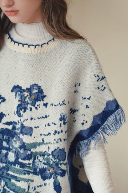 Van Gogh Art Jacquard Fringe Pom-Pom Hem Sweater